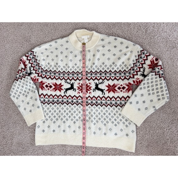 H&M Mens Fair Isle Reindeer Snowflake Sweater Ivory Red Gray Holiday Crew Neck M - Picture 6 of 13